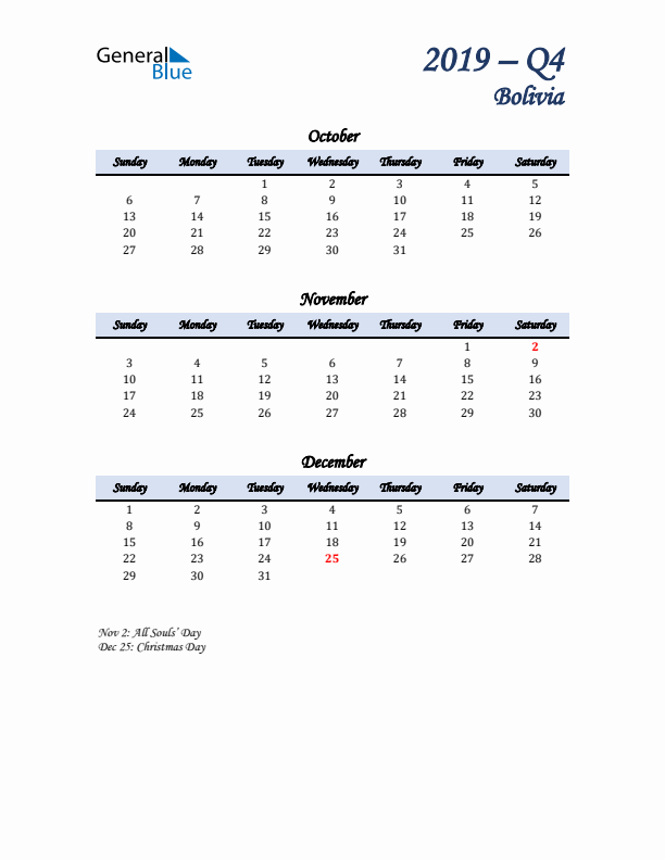 October, November, and December Calendar for Bolivia with Sunday Start