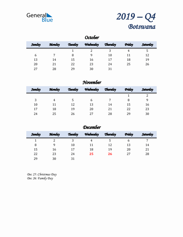 October, November, and December Calendar for Botswana with Sunday Start