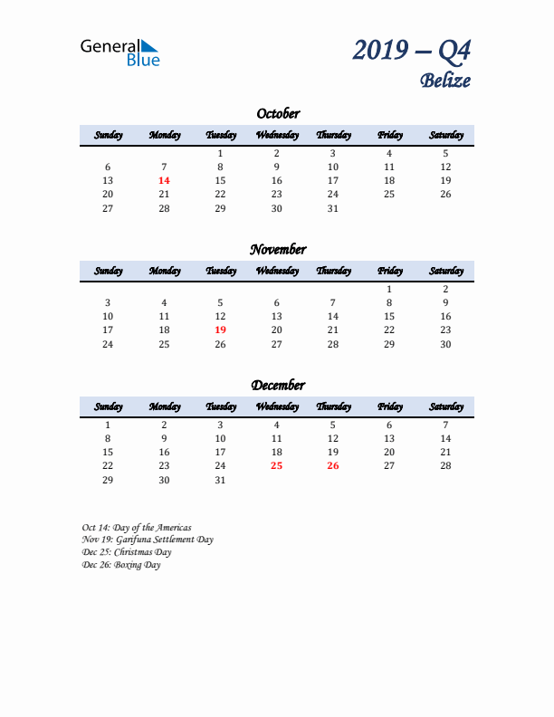 October, November, and December Calendar for Belize with Sunday Start