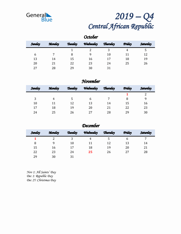 October, November, and December Calendar for Central African Republic with Sunday Start