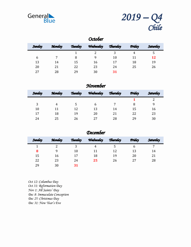 October, November, and December Calendar for Chile with Sunday Start