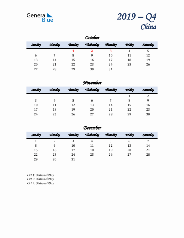 October, November, and December Calendar for China with Sunday Start