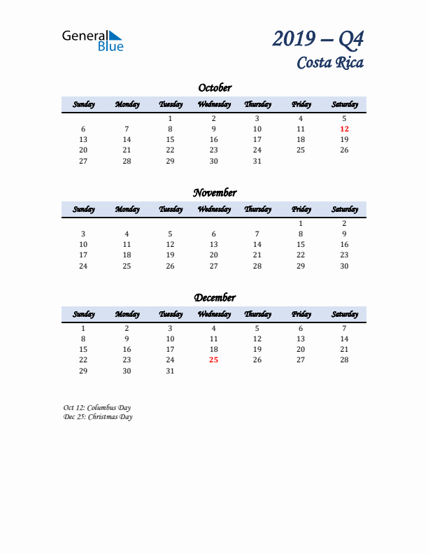 October, November, and December Calendar for Costa Rica with Sunday Start