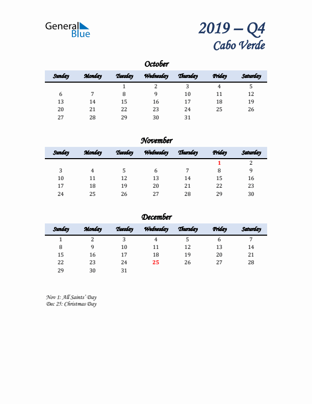 October, November, and December Calendar for Cabo Verde with Sunday Start