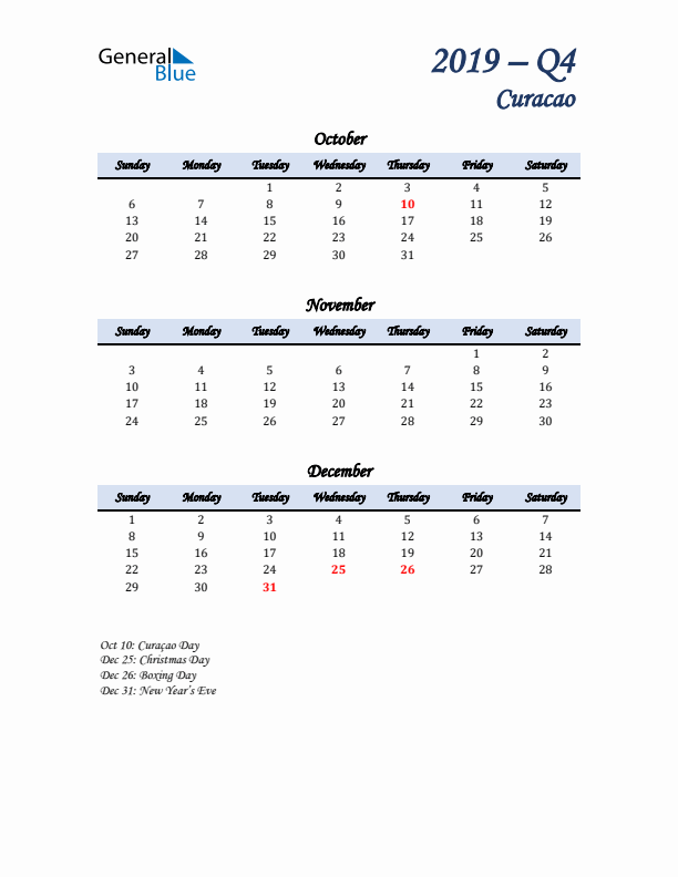 October, November, and December Calendar for Curacao with Sunday Start