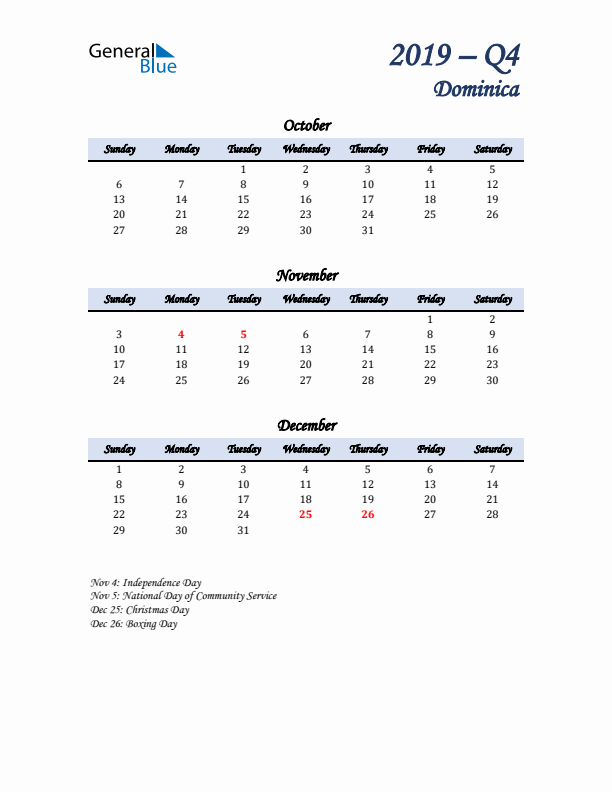 October, November, and December Calendar for Dominica with Sunday Start