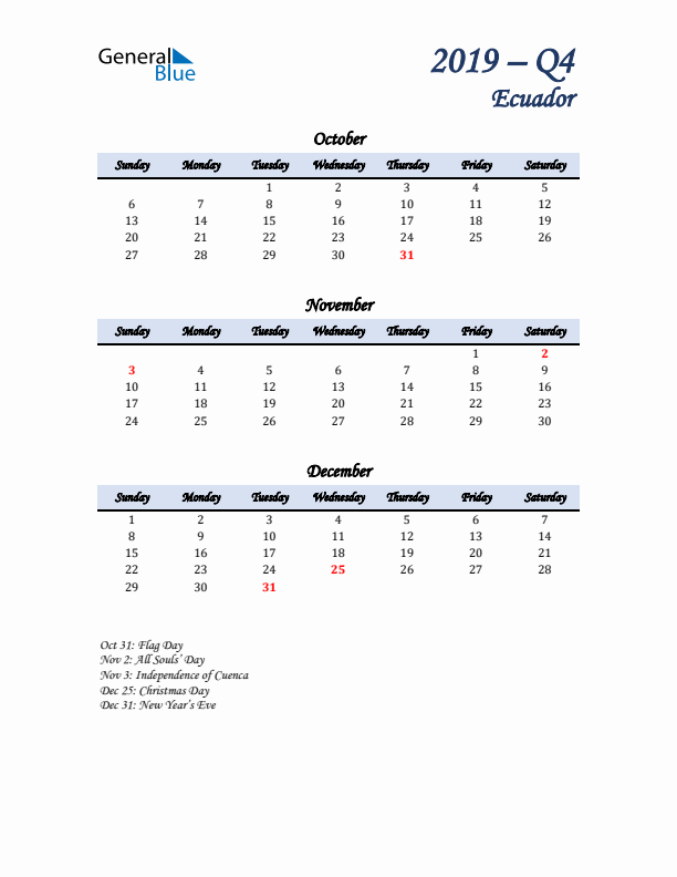 October, November, and December Calendar for Ecuador with Sunday Start