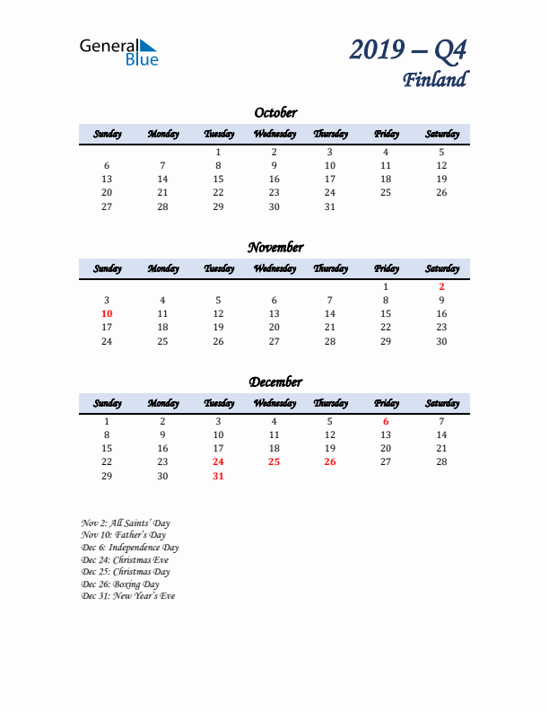 October, November, and December Calendar for Finland with Sunday Start