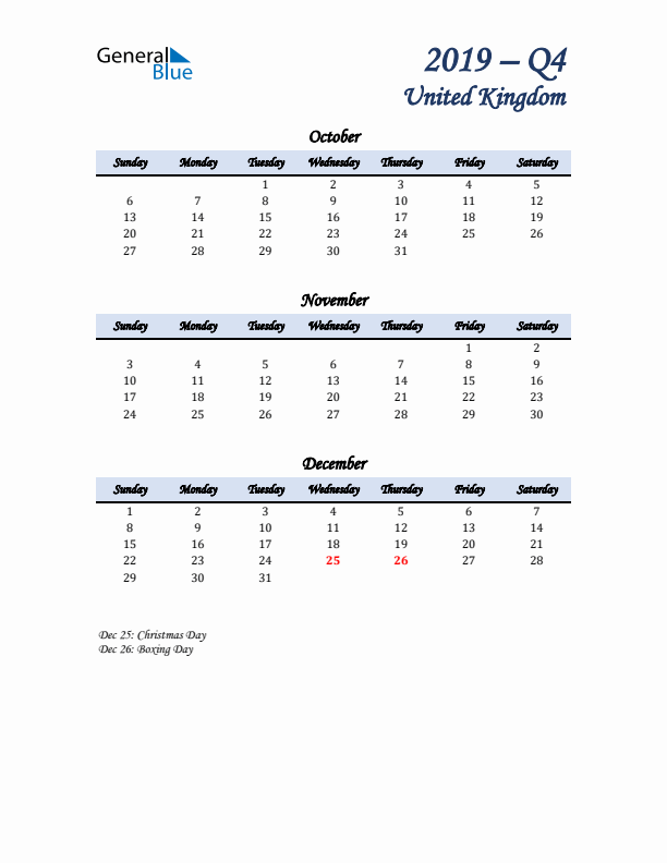 October, November, and December Calendar for United Kingdom with Sunday Start