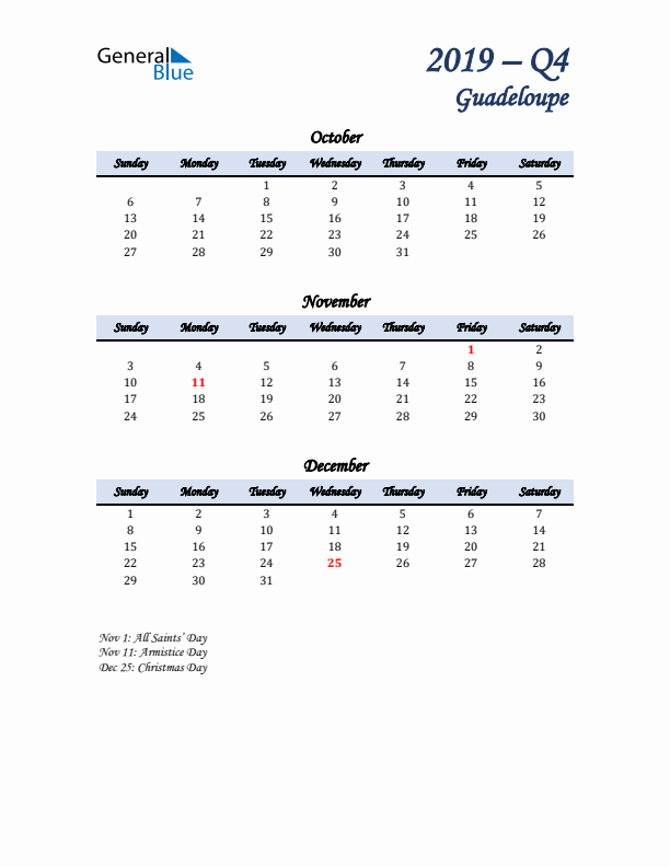 October, November, and December Calendar for Guadeloupe with Sunday Start