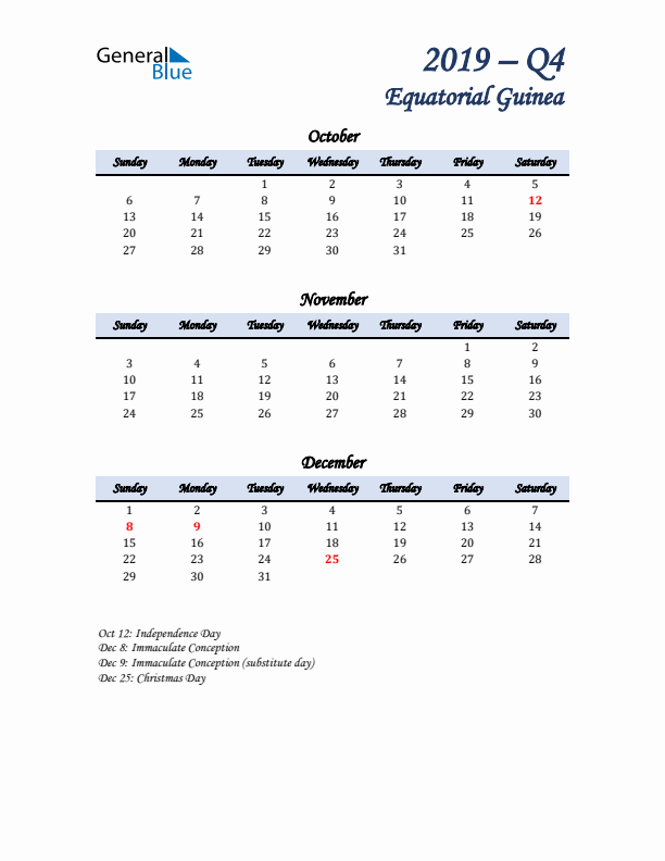 October, November, and December Calendar for Equatorial Guinea with Sunday Start