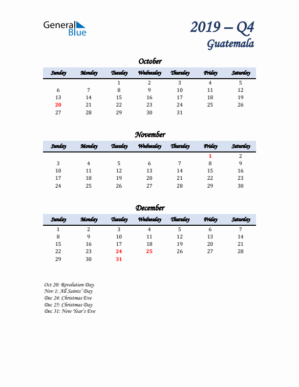 October, November, and December Calendar for Guatemala with Sunday Start