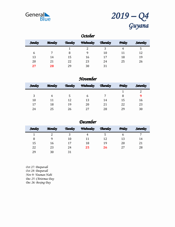 October, November, and December Calendar for Guyana with Sunday Start