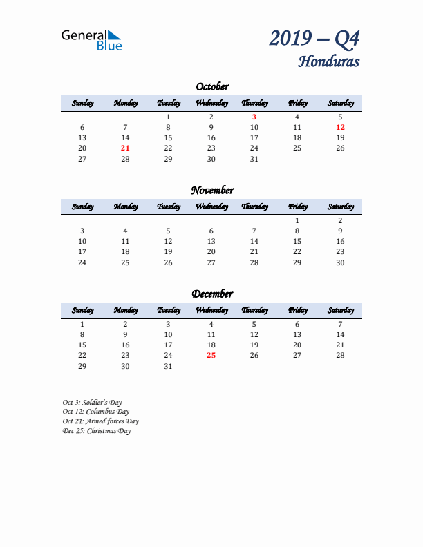 October, November, and December Calendar for Honduras with Sunday Start