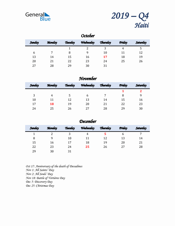 October, November, and December Calendar for Haiti with Sunday Start