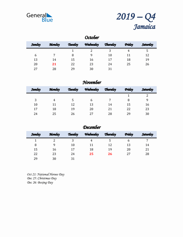 October, November, and December Calendar for Jamaica with Sunday Start