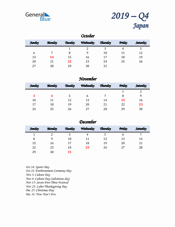 October, November, and December Calendar for Japan with Sunday Start