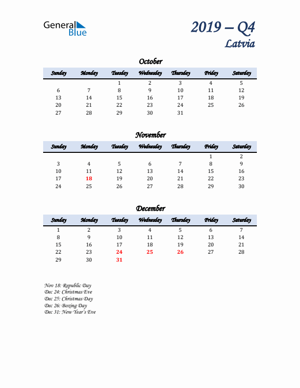 October, November, and December Calendar for Latvia with Sunday Start