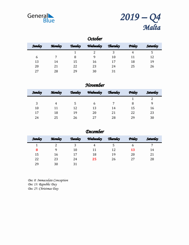 October, November, and December Calendar for Malta with Sunday Start