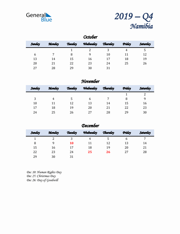 October, November, and December Calendar for Namibia with Sunday Start