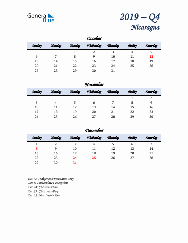 October, November, and December Calendar for Nicaragua with Sunday Start