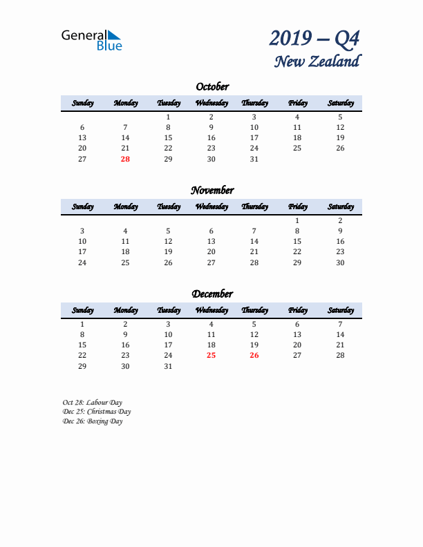 October, November, and December Calendar for New Zealand with Sunday Start