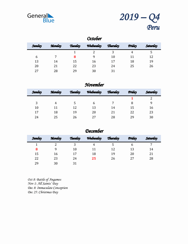 October, November, and December Calendar for Peru with Sunday Start