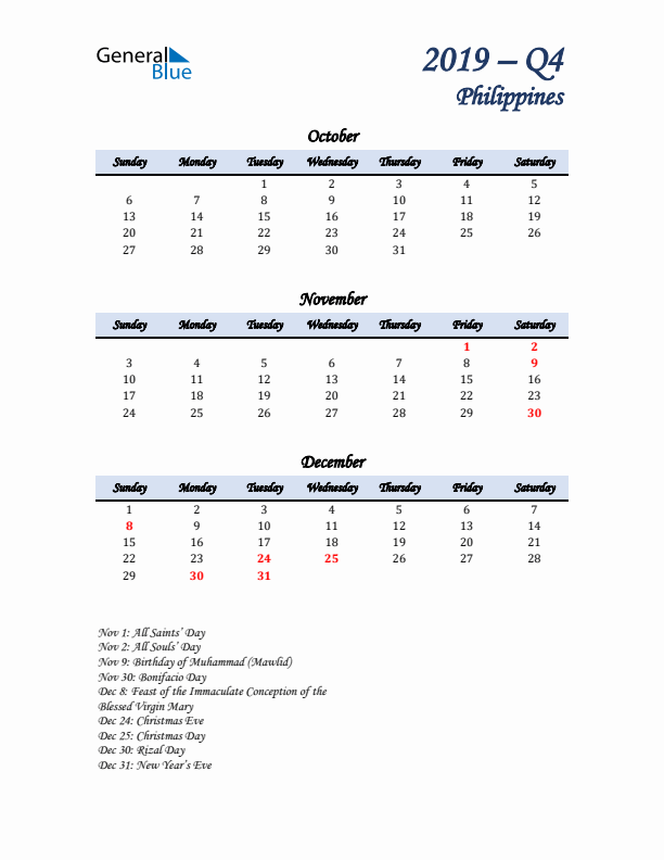 October, November, and December Calendar for Philippines with Sunday Start