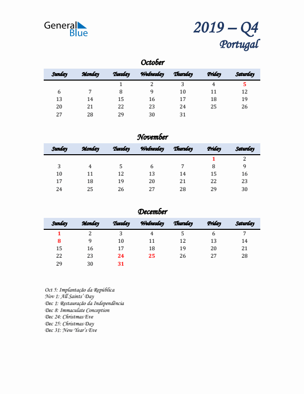 October, November, and December Calendar for Portugal with Sunday Start