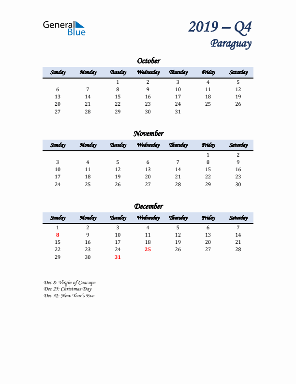 October, November, and December Calendar for Paraguay with Sunday Start