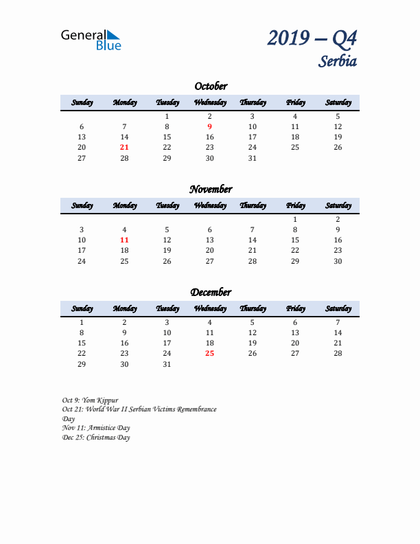 October, November, and December Calendar for Serbia with Sunday Start