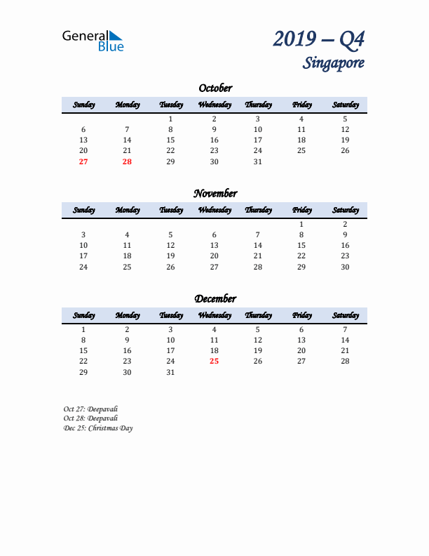 October, November, and December Calendar for Singapore with Sunday Start