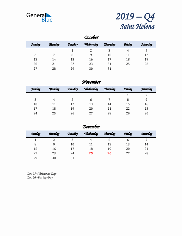 October, November, and December Calendar for Saint Helena with Sunday Start