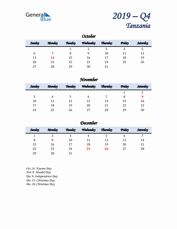 October, November, and December Calendar for Tanzania with Sunday Start