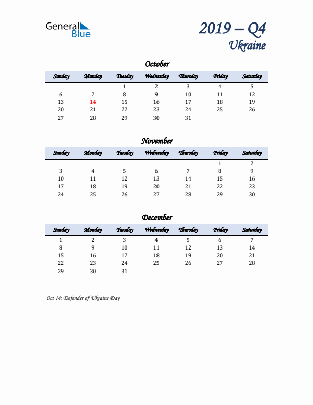 October, November, and December Calendar for Ukraine with Sunday Start