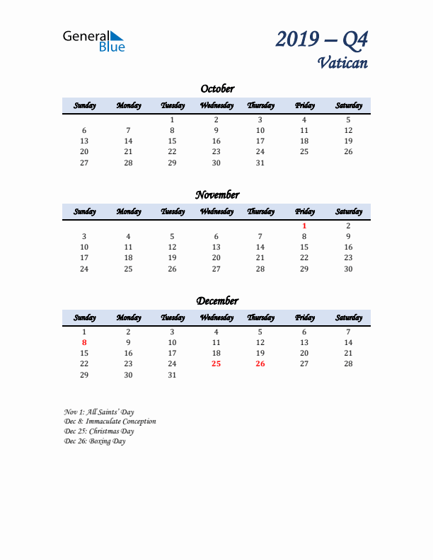 October, November, and December Calendar for Vatican with Sunday Start