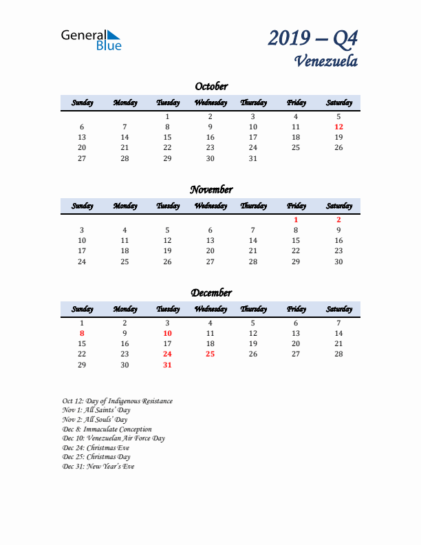 October, November, and December Calendar for Venezuela with Sunday Start