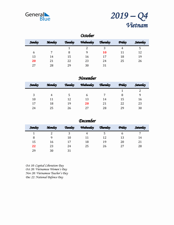 October, November, and December Calendar for Vietnam with Sunday Start