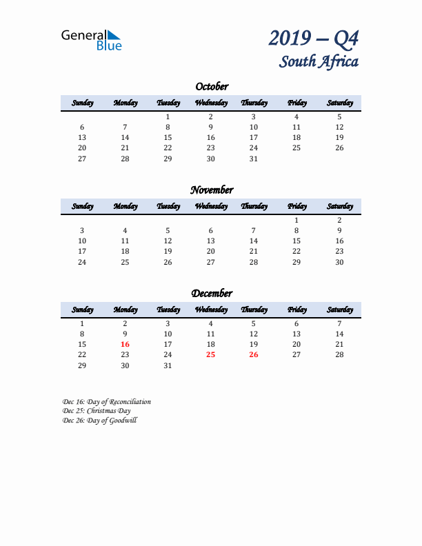 October, November, and December Calendar for South Africa with Sunday Start