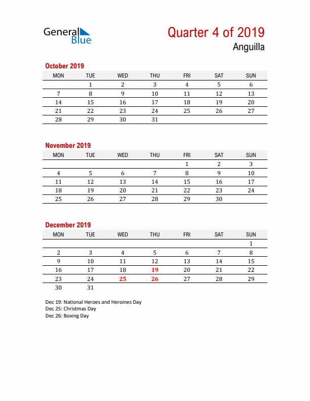 Printable Three Month Calendar with Anguilla Holidays