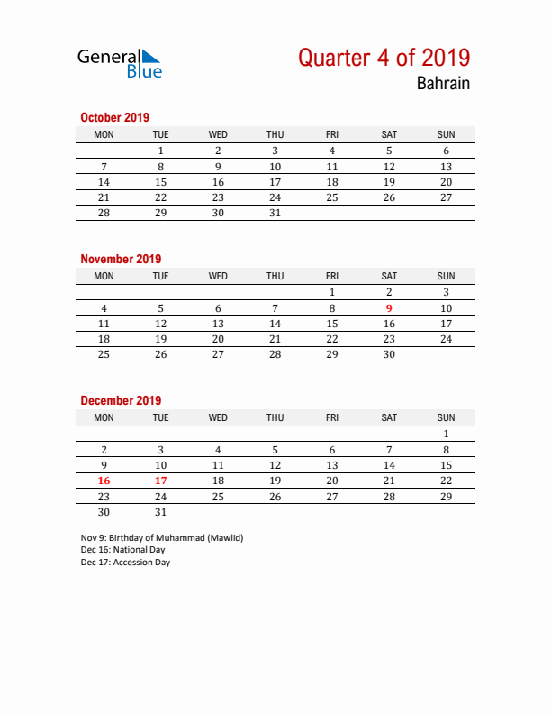 Printable Three Month Calendar with Bahrain Holidays