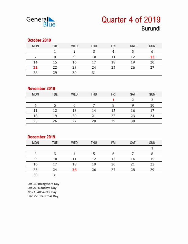 Printable Three Month Calendar with Burundi Holidays