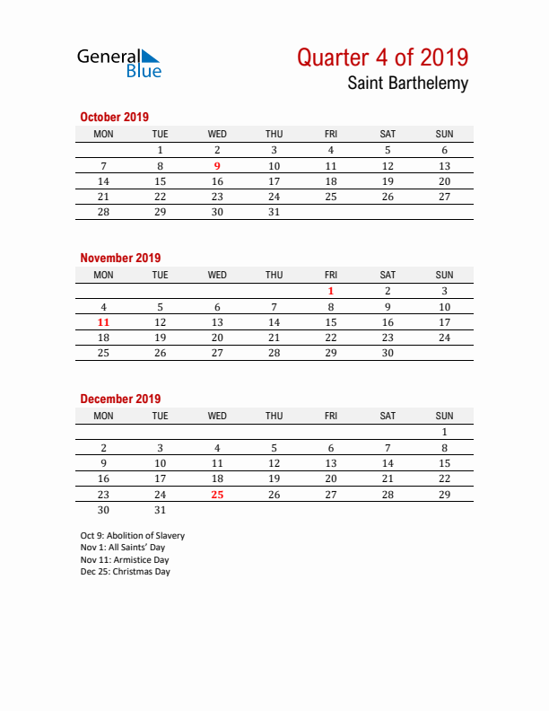 Printable Three Month Calendar with Saint Barthelemy Holidays