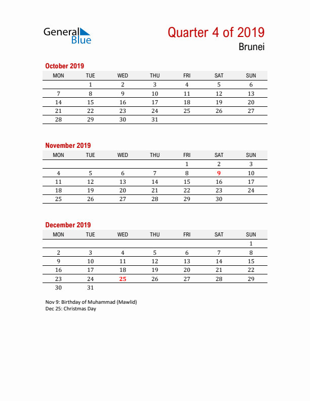 Printable Three Month Calendar with Brunei Holidays