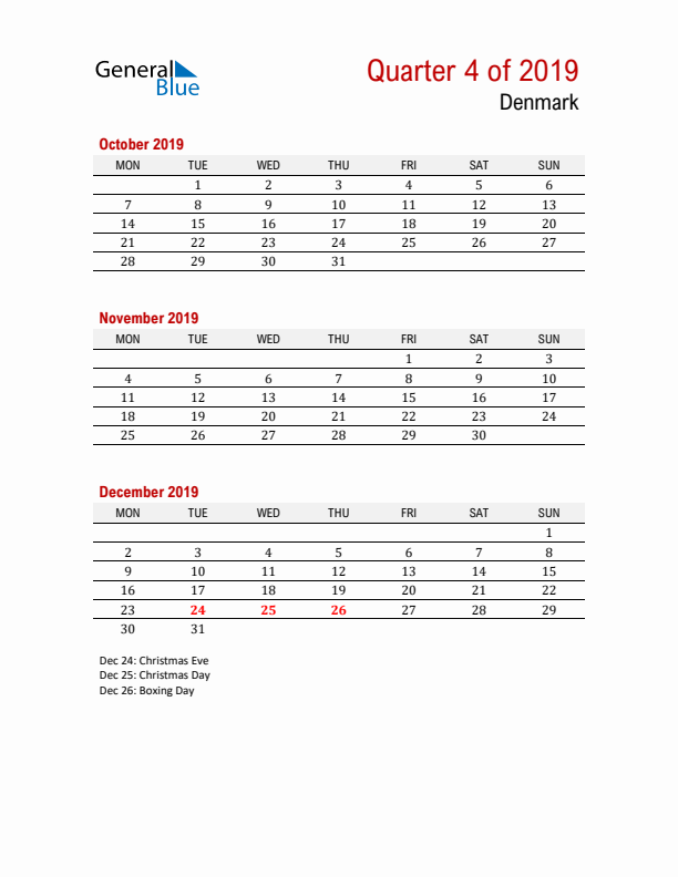 Printable Three Month Calendar with Denmark Holidays