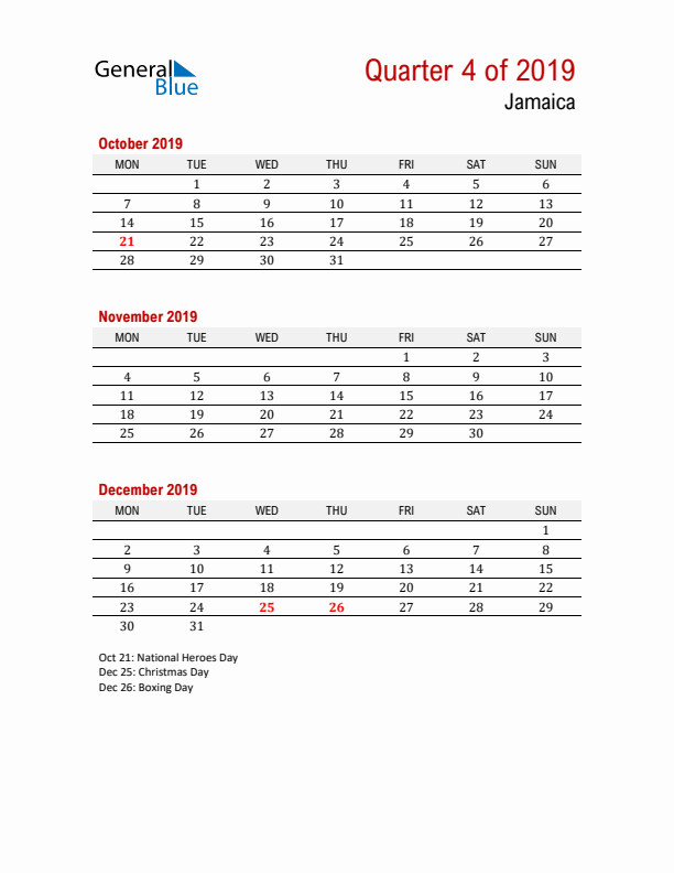 Printable Three Month Calendar with Jamaica Holidays