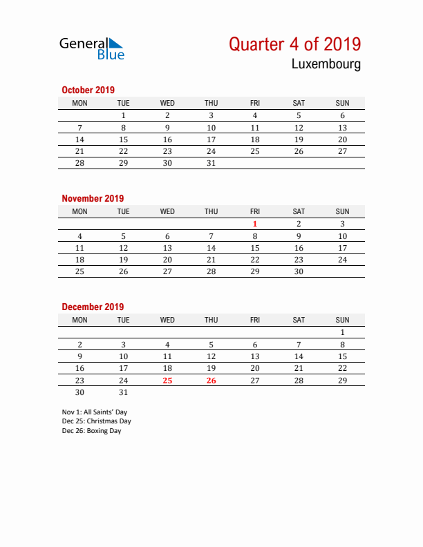 Printable Three Month Calendar with Luxembourg Holidays