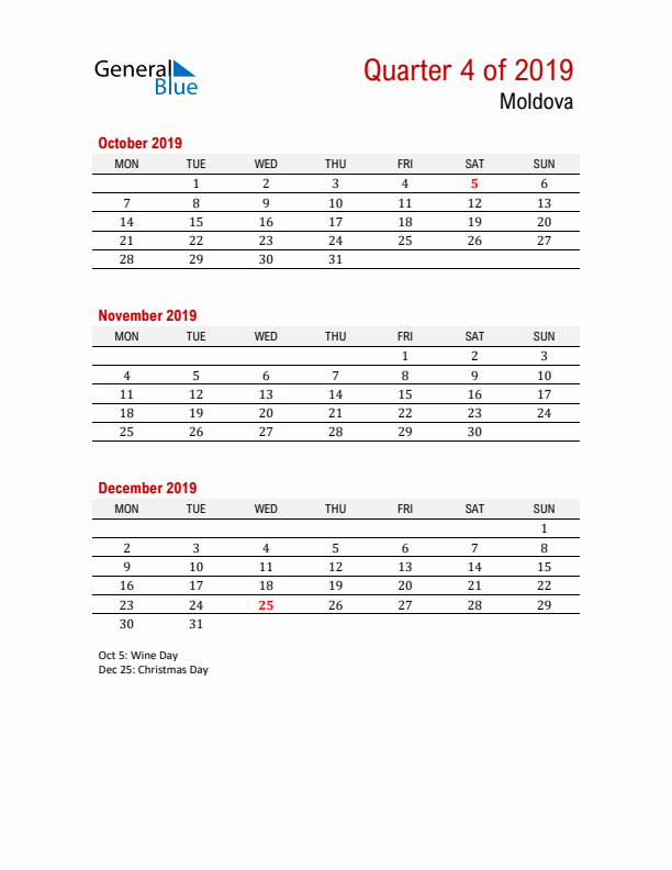 Printable Three Month Calendar with Moldova Holidays