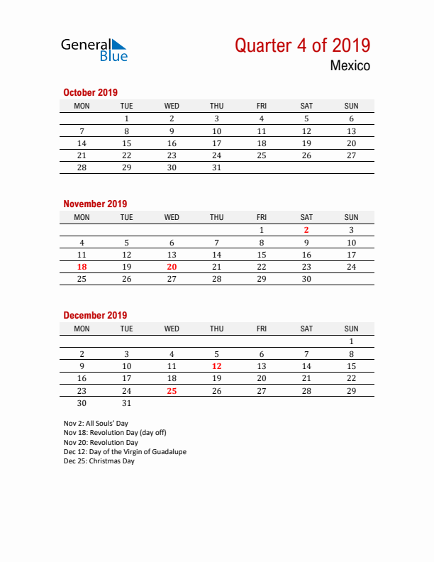 Printable Three Month Calendar with Mexico Holidays