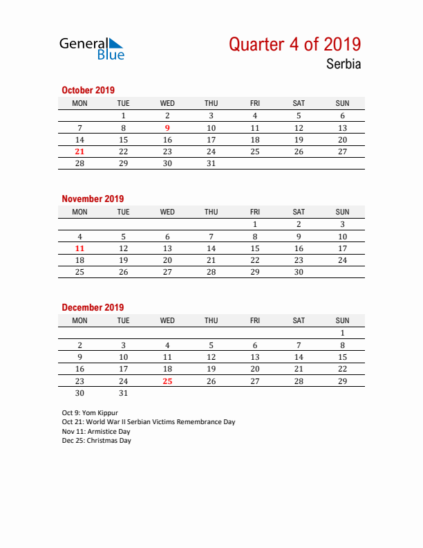 Printable Three Month Calendar with Serbia Holidays